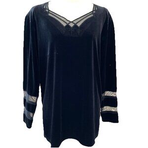 Vintage Clara S Velvet Top Shirt Size Large Black Mesh Trim Sequin Whimsigoth
